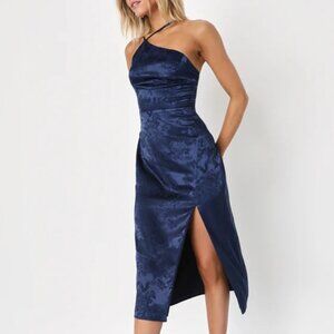 Desirable Dream Navy Blue Satin Jacquard Halter Neck Midi Dress